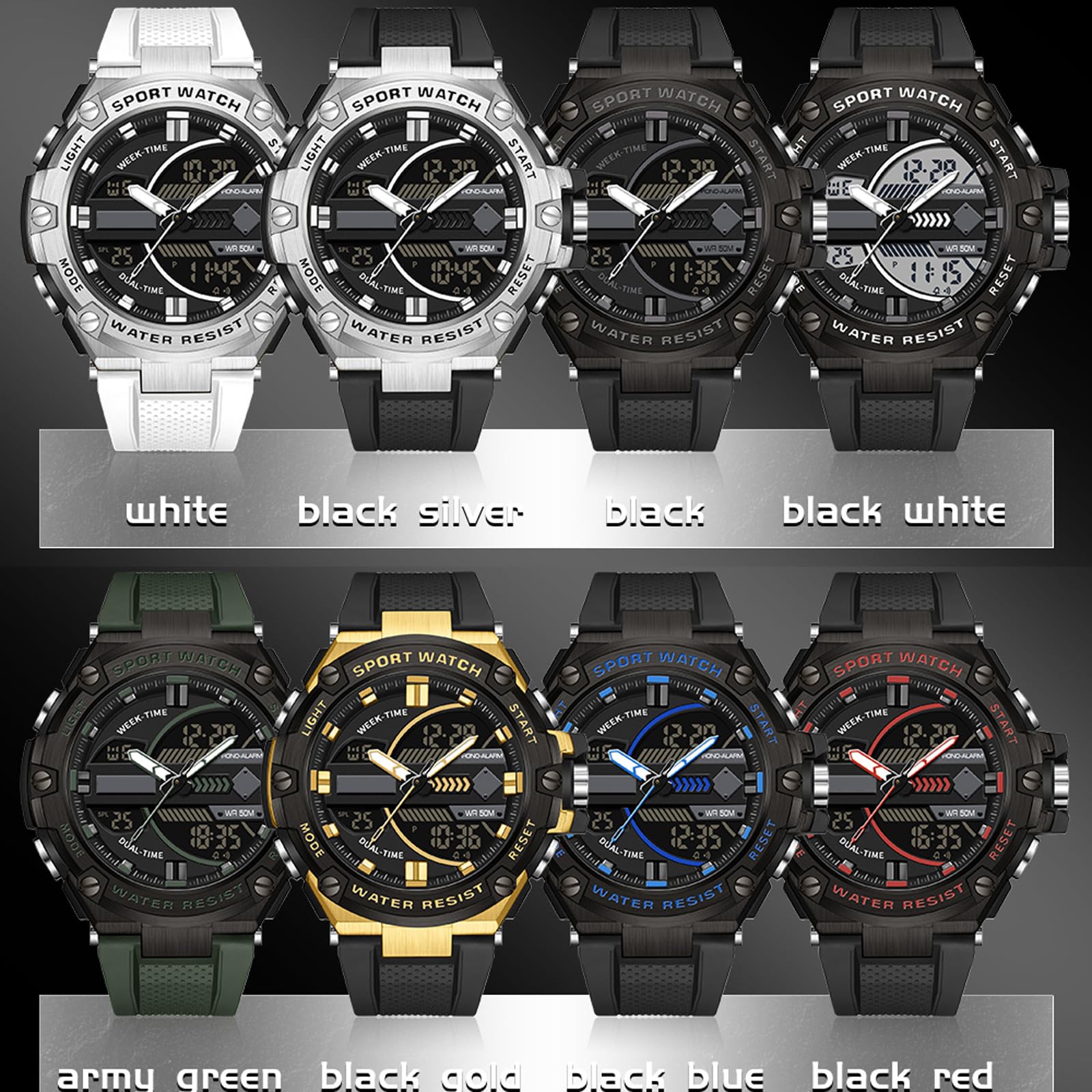 Findtime Running Mens Watches Military Tactics, 5ATM Waterproof Sports Outdoor Watch for Men Swimming Analog Digital Led Large Face Dual Dial Time Display Electronic Wristwatch White