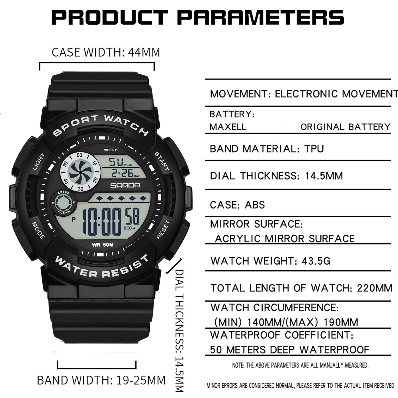 Findtiome Digital Watch Womens Sport Waterproof  Watches for Women with Alarm Stopwatch Hourly Chime LED Display -6114