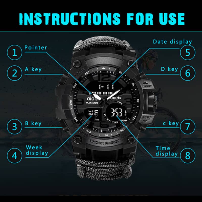 Outdoor Sport Watch Luminous Waterproof Digital Watch for Men with Compass Whistle Flint