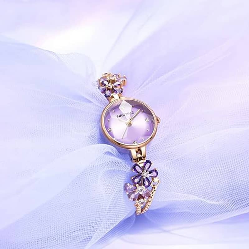 Findtime Flower Designer Women's Wrist Watches Ladies Jewelry Purple Rhinestone Bracelet Diamond Dress Analog Quartz Watch for Women Fashion Luxury Crystal Female