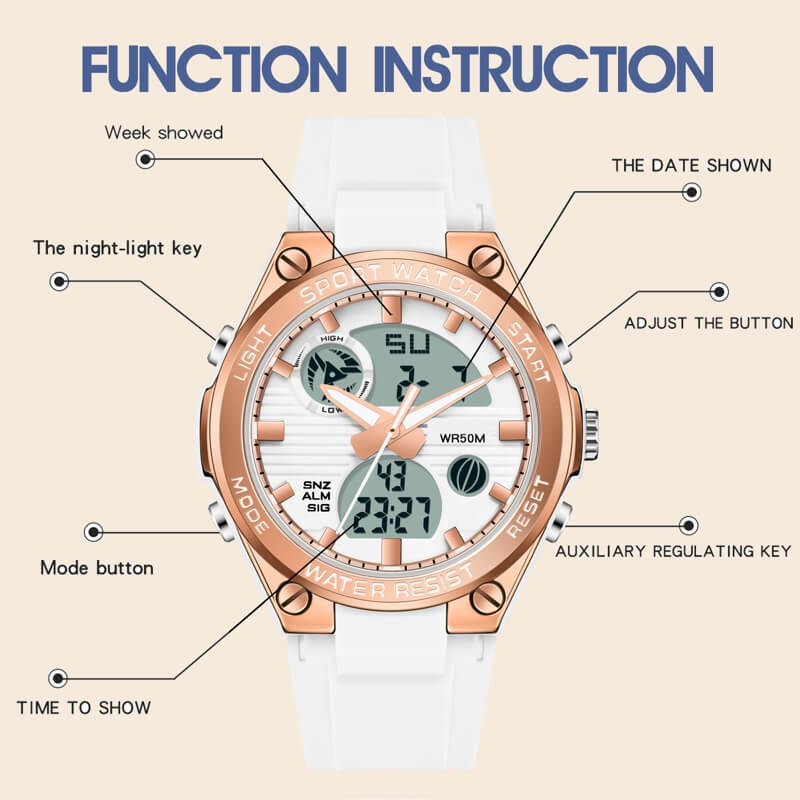  findtime Reloj digital impermeable para mujer, reloj deportivo  simple e informal, retroiluminación LED, alarma, cronómetro, para mujer,  Blanco, rosa, reloj para mujer : Ropa, Zapatos y Joyería