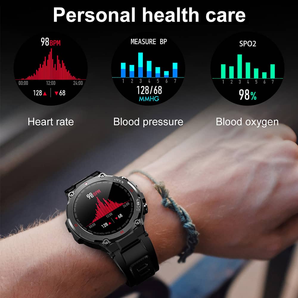 findtime Smartwatch Herren Telefonieren Tactical Watch Gesundheitsuhr Sportuhr Militar Uhr Outdoor Fitnessuhr mit Telefonfunktion Fitness Tracker GroBe Armbanduhr mit Blutdruckmessung Pulsuhr Findtime